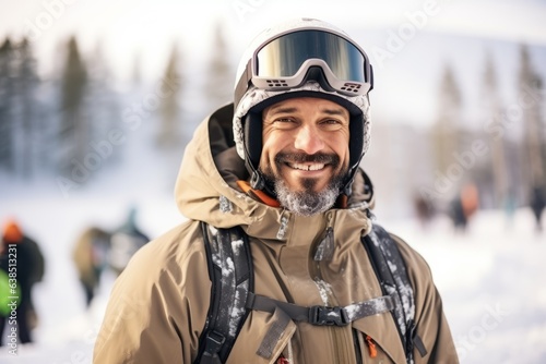 Portrait of a senior man with snowboard helmet and goggles in the mountains