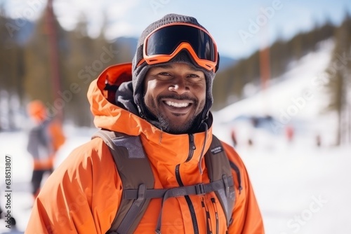 Portrait of happy young man in ski suit with snowboard on background