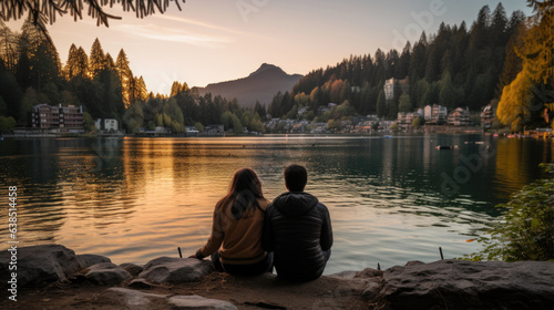 silhouette of a couple with lake and mountain view.