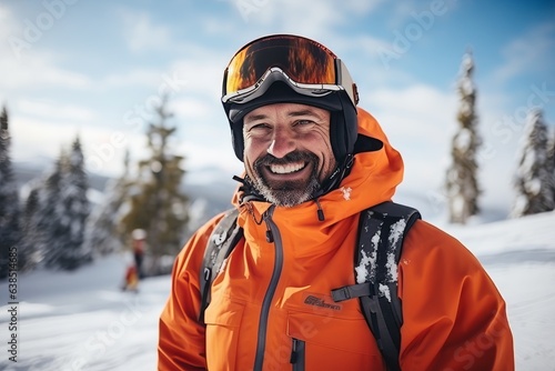 Portrait of a senior man snowboarder smiling in the mountains