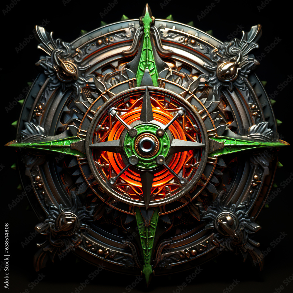 A neon orange and green pirate compass casts its enchanting glow. Exotic pirate compass with a fusion of vibrant colors guiding the way through uncharted seas.