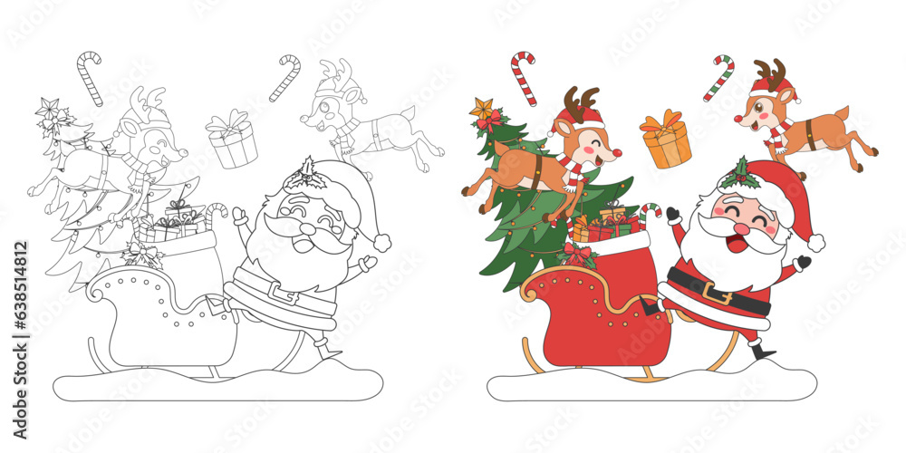 Santa Claus, reindeer with sleigh, Christmas theme line art doodle cartoon illustration, Coloring book for kids, Merry Christmas.
