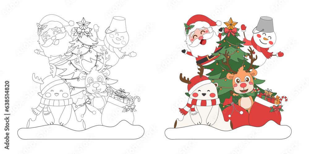 Santa Claus and cute Christmas characters with Christmas tree, Christmas theme line art doodle cartoon illustration, Coloring book for kids, Merry Christmas.