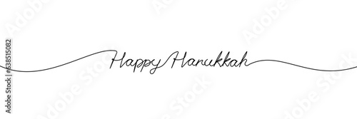 Happy Hanukkah one continuous line lettering. Minimal background, banner template. Handwritten calligraphy with editable stroke. Vector illustration isolated on white backdrop