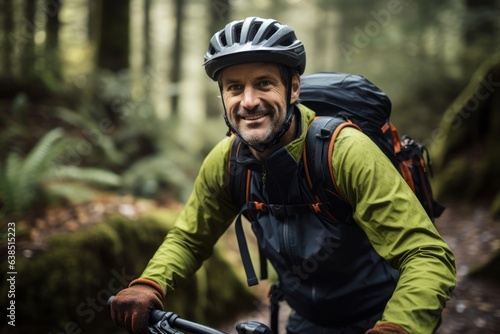 Portrait of a smiling man with mountain bike in the rainforest