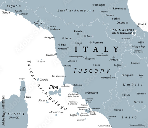 Tuscany  region in central Italy  gray political map with popular tourist spots like Florence  Castiglione della Pescaia  Pisa  Lucca  Grosseto and Siena. The Tuscan Archipelago is part of the region.
