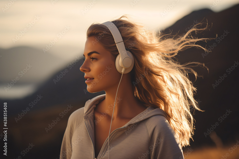 Caucasian sports woman listening to music on headphones outdoors - obrazy, fototapety, plakaty 