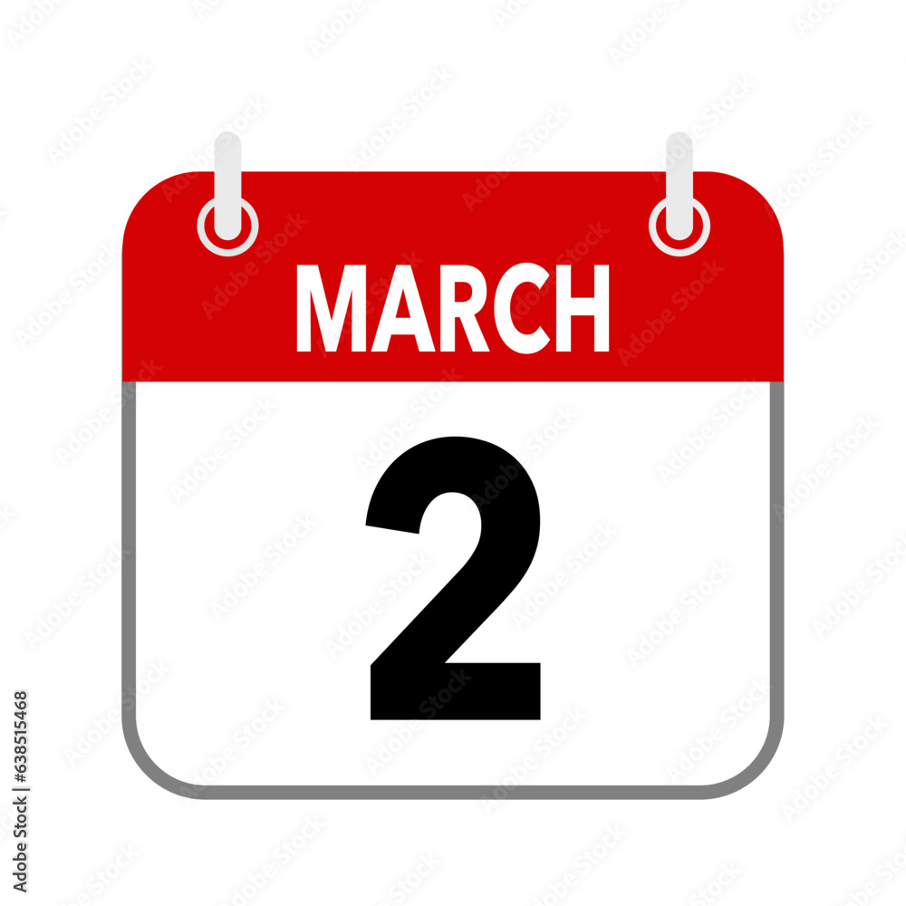 2 March, calendar date icon on white background. 2 March, calendar date icon on white background.