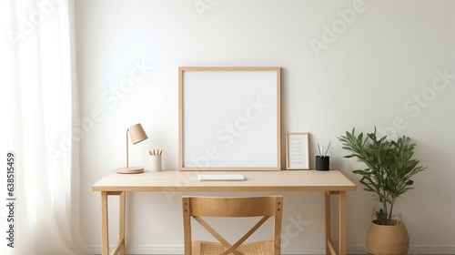 Minimalist Workspace: Wooden Desk and Chair with Blank Frame © Nicha