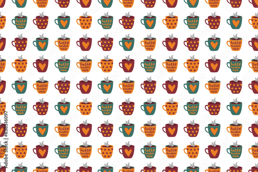 Seamless Pattern with Cups of Coffee or Mugs of Tea in Autumn colors, hot drinks editable background for coffee shop