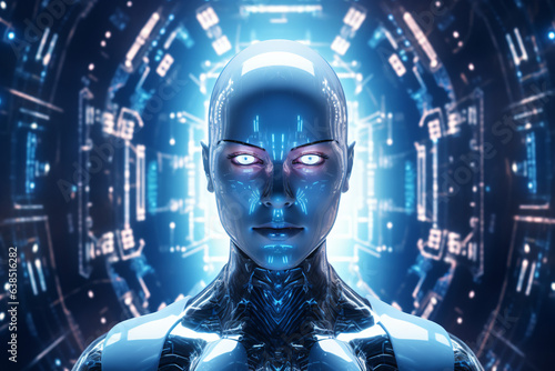 3D humanoid AI robot metaverse cyberspace digital world background, revolution of AI artificial intelligence automated digital technology industry 4. 0 concept