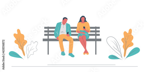 Young couple resting in the park. Guy and girl sit on a bench and look at their phones. Oak leaves here. Flat stile. Vector illustration
