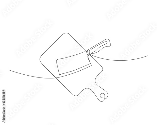 Continuous one line drawing of cleaver on the wooden chopping board. Meat knife outline vector illustration. Kitchen knife, Editable stroke. 