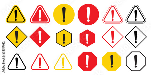 Warning Icon. Danger vector symbol with red and yellow color. Flat outline set of caution mark or hazardous attention logo mark on road ways. Sign of error hint for safety precaution to beware or stop