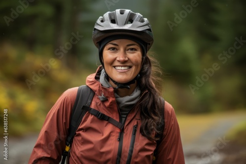 Portrait of a smiling woman with bicycle helmet standing in the forest © Nerea