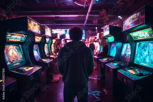 Young Man, Boy standing in Arcade, Gaming Hall