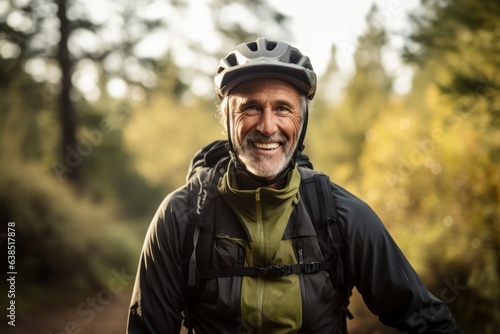 Portrait of a happy senior man wearing a helmet while riding a bicycle in the forest. © Nerea