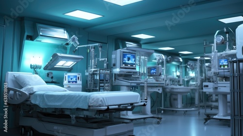 A hospital room with a bed, monitor, and other medical equipment. Digital image.