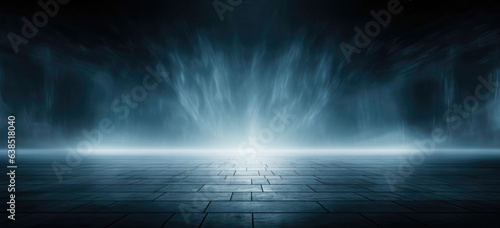 Enchanting Night Scene: rays of light with Floating Smoke Texture, dark empty room with dark blue asphalt tiles