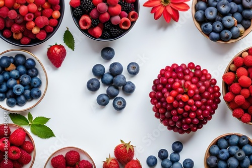 Many different berries in the form of a frame on a white background.