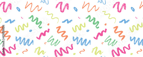 Confetti squiggle scribble seamless pattern. Vector stock hand draw crayon brush stroke illustration for design template abstract background kids birthday party banner. 