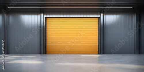 Roller door or roller shutter, concrete floor in industrial building i.e. modern factory, plant, warehouse, shop, garage or store. Include lighting at night. Nobody and empty space for background.