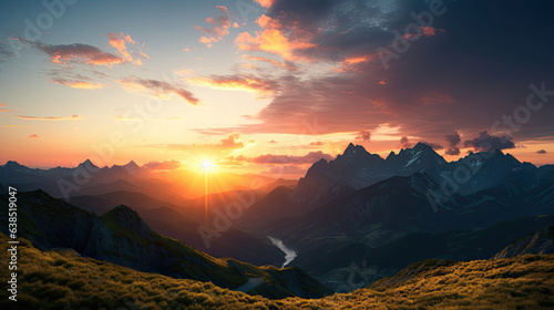 Mountains at sunrise, scenery, illustration