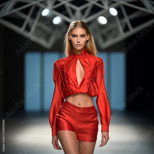 Woman on a catwalk presenting red clothes