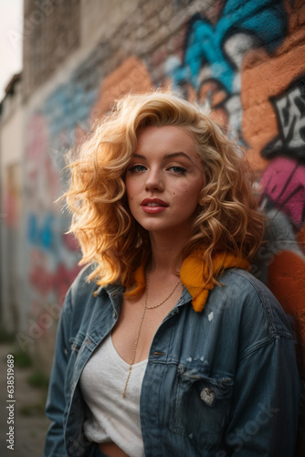 portrait of Marilyn Monroe with long ginger wavy hair standing in front of a wall with graffiti, wearing casual clothes, fall vibes, blushed, looking at the camera, colorful scene, midshot, focus on f