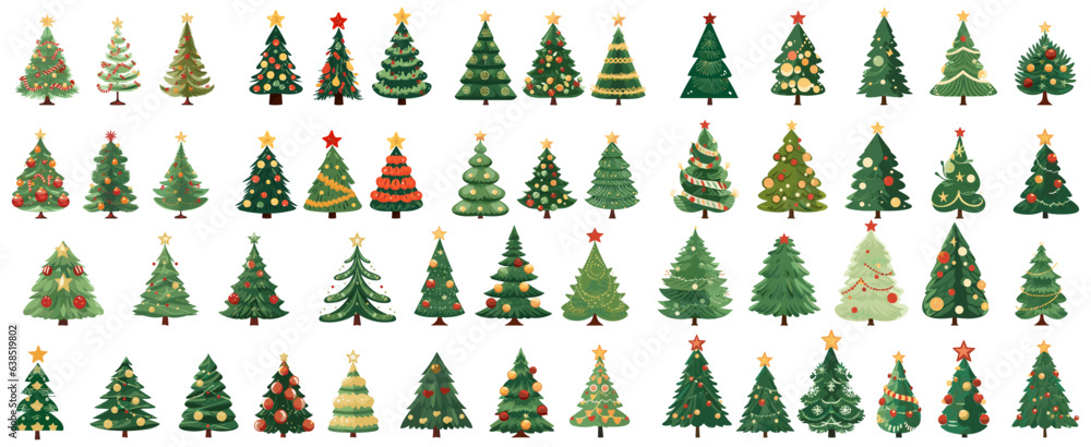 set of christmas tree. in the style of flat design hand drawing. isolated on a transparent background. eps 10