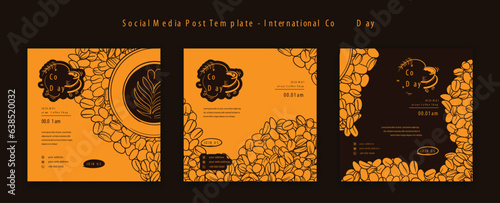 Social media post template for coffee day with coffee bean in brown yellow doodle art background