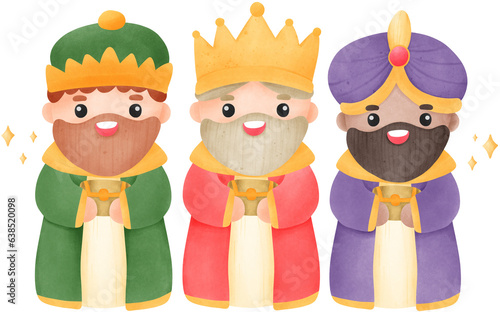 Canvas Print Three wise men king, Cute cartoon illustration Nativity of Jesus, birth of Jesus