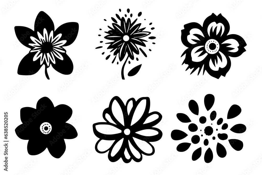 Set of lino cut grunge flower ink stamp. Pack of contemprorary texture elements. Vector illustration. Set of lino cut grunge flower ink stamp. Pack of contemprorary texture elements. Vector illustration.