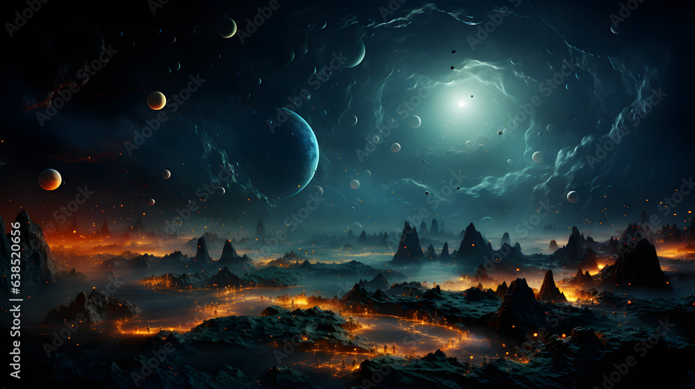 an alien planet scene with planets and moon