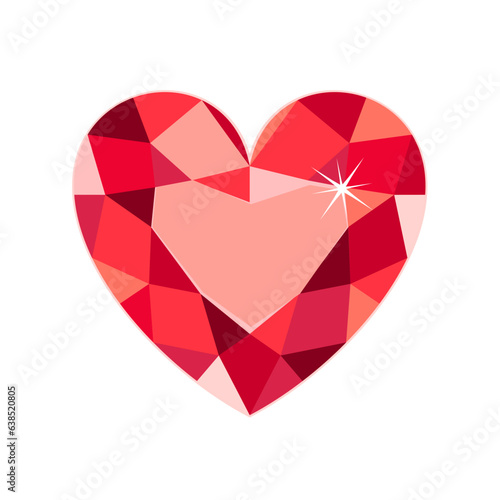 Red heart shaped diamond isolated on white background. Vector illustration of ruby crystal. Gem flat icon.