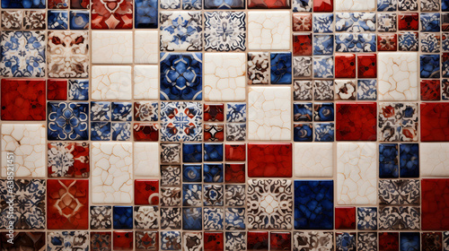 an artistic photo of a blue red and white mosaic tile wall