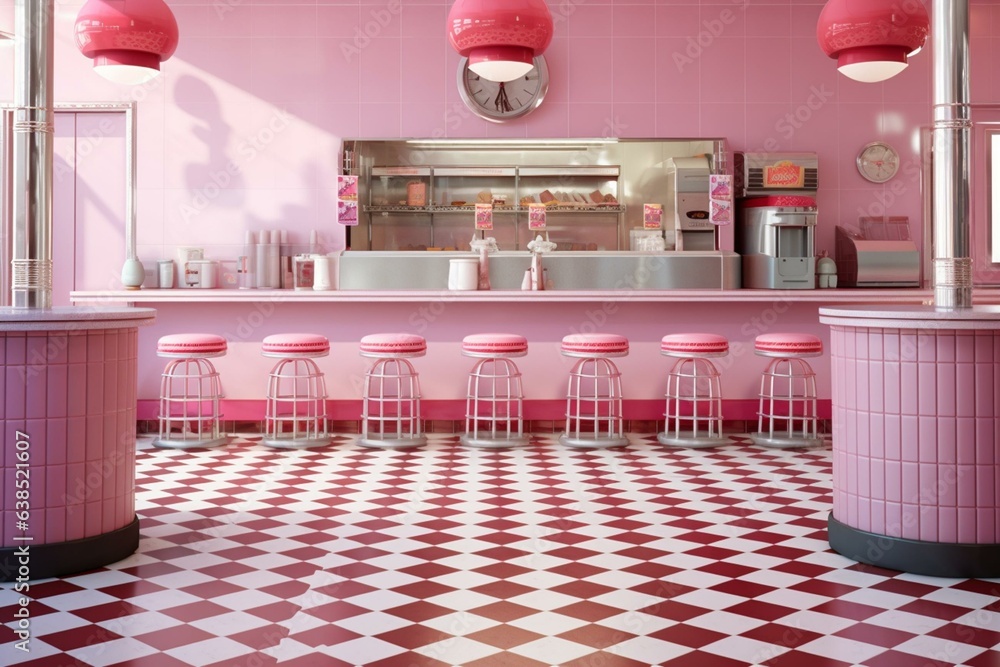 Traditional 3D ice cream shop featuring a checkered floor and pink stools. Generative AI - obrazy, fototapety, plakaty 
