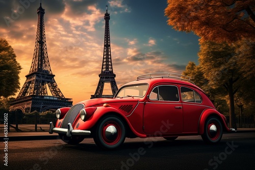Red car near captivating Eiffel Tower in Paris. Generative AI