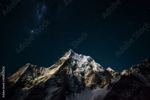 Breathtaking snow-capped summits beneath a celestial night sky. Generative AI