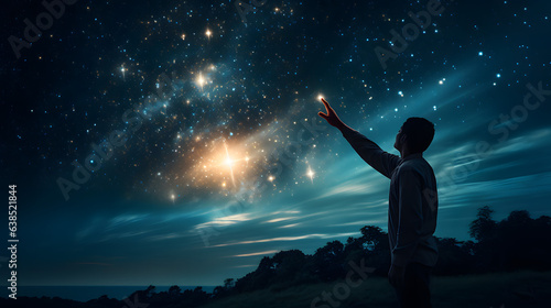 man reaching for stars in sky near trees