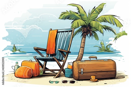 Illustration of a tropical beach vacation with palm tree, chair, surfboard, floatie, beach ball, suitcase & camera. Generative AI