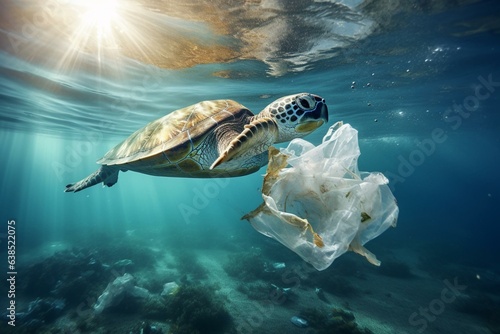 A sea turtle eating plastic in sunny ocean with light glare. Generative AI © Aida