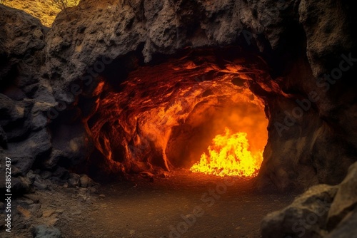 A cave formed by volcanic activity close to a mountain engulfed in flames. Generative AI