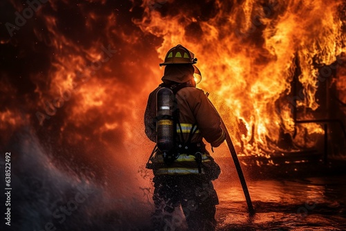 Firefighter battling flames and spraying water, fire prevention. Generative AI