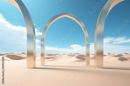 a panoramic desert scene with metallic shapes and mirrored arches under blue sky. minimal 3d rendering wallpaper. Generative AI