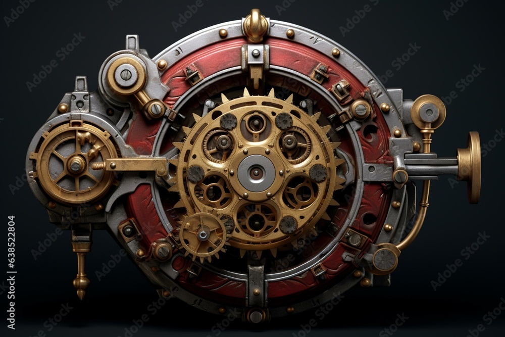 mechanical device with a lock mechanism and cogwheels. Generative AI