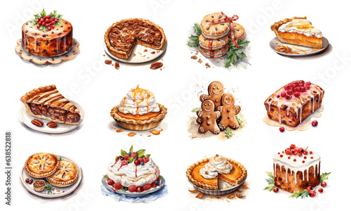 Set of Christmas Cookies Pies and cakes Watercolor Vectors