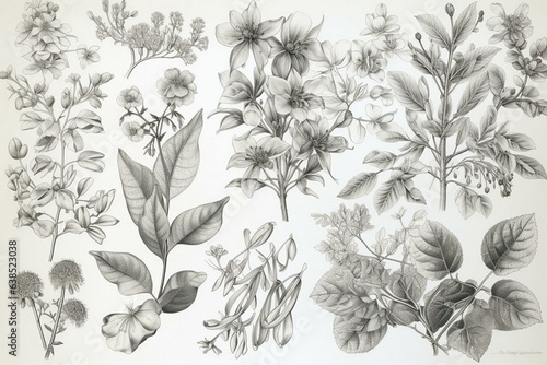 Floral and foliage sketches made by hand using graphite pencil. Generative AI