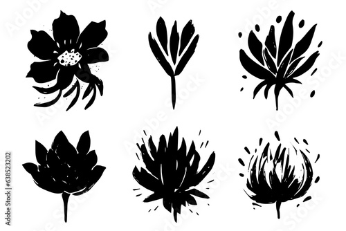 Set of lino cut grunge flower ink stamp. Pack of contemprorary texture elements. Vector illustration.