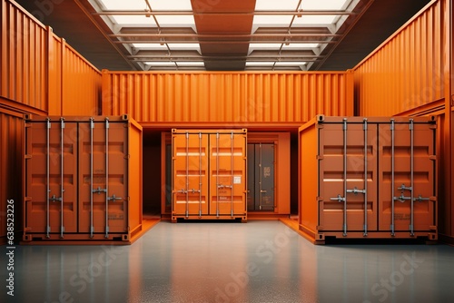 3D rendering of shipping containers, including one orange container with both open and closed doors. Generative AI photo